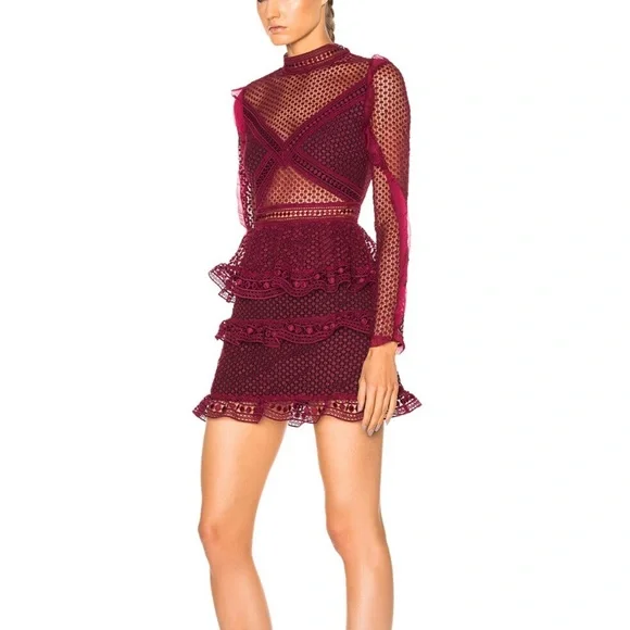 NWOT Retail $435 Self-Portrait Red SELF-PORTRAIT Dot Mesh Tiered Mini Dress - Picture 3 of 9